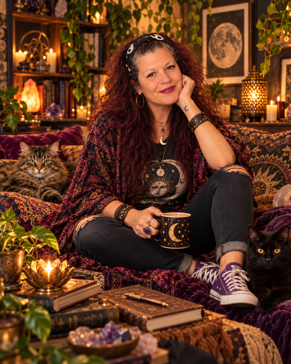 Gypsy seated with her two cats in a cozy, candlelit creative space.