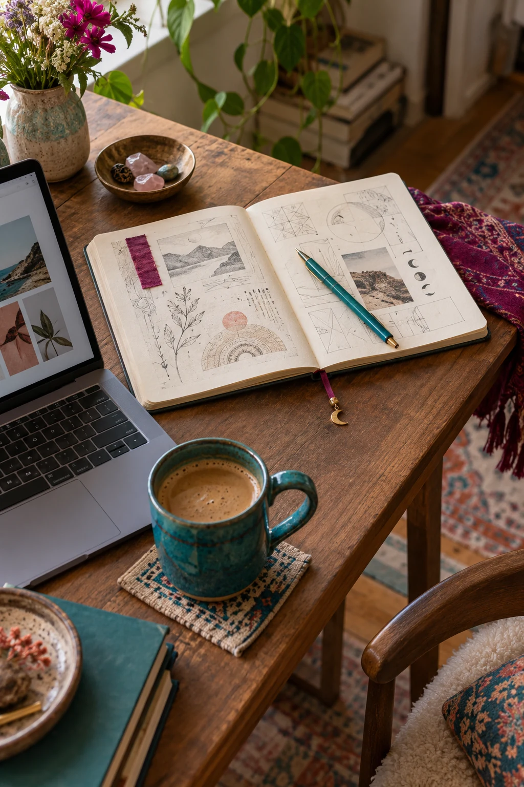 gypsy-alchemy-make-something-creative-desk-web A creative workspace with an open sketchbook, teal pen, laptop, and coffee on a wooden desk.